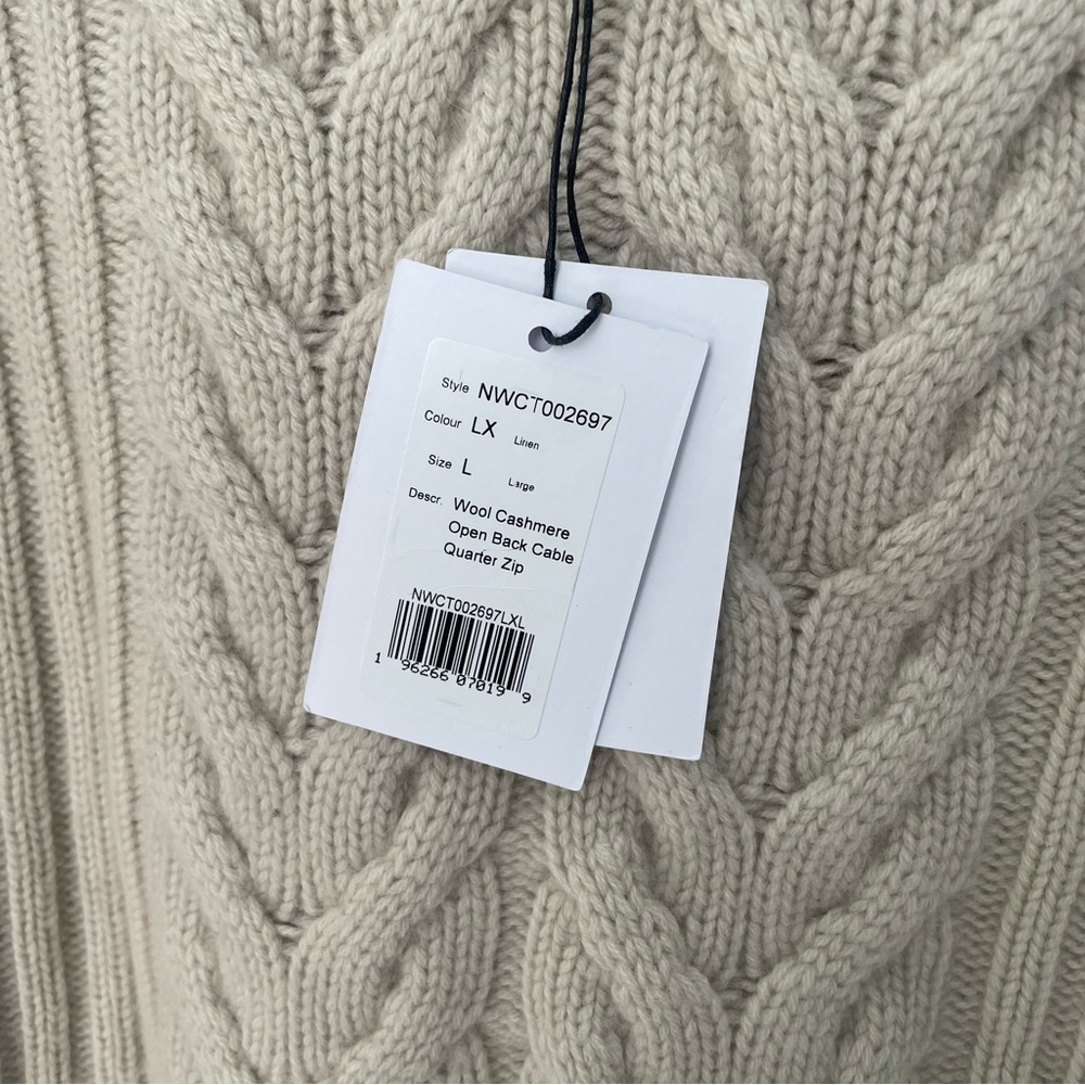 SOLD NAADAM Wool-Cashmere Open-Back Cable Quarter-Zip Taupe Linen Sweater NEW - Picture 7 of 10